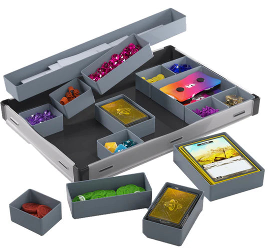 Gamegenic Token Silo XL Convertible in black, featuring organized compartments for tokens, cards, and game accessories.