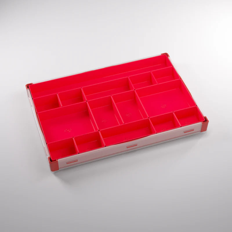 Gamegenic Token Silo XL Convertible in red, featuring multiple compartments for organizing game tokens and accessories.