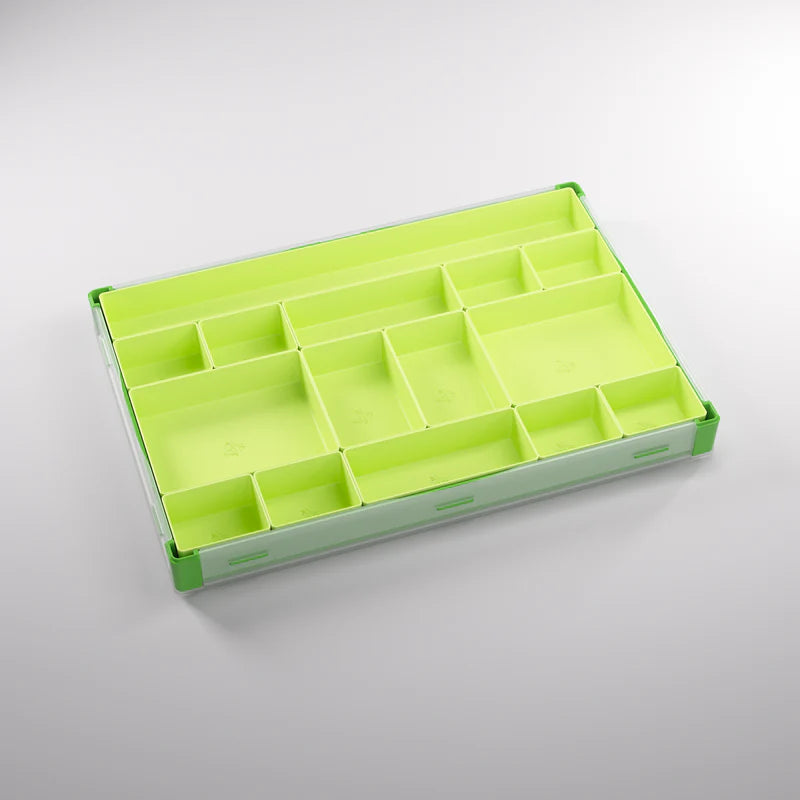Gamegenic Token Silo XL Convertible in green and lime, featuring multiple compartments for organizing game tokens and accessories.