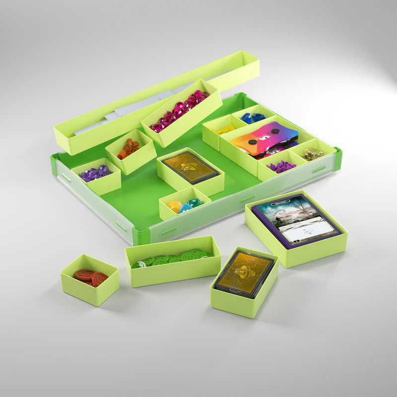 Gamegenic Token Silo XL Convertible in green and lime, featuring multiple compartments for tokens, cards, and game accessories.