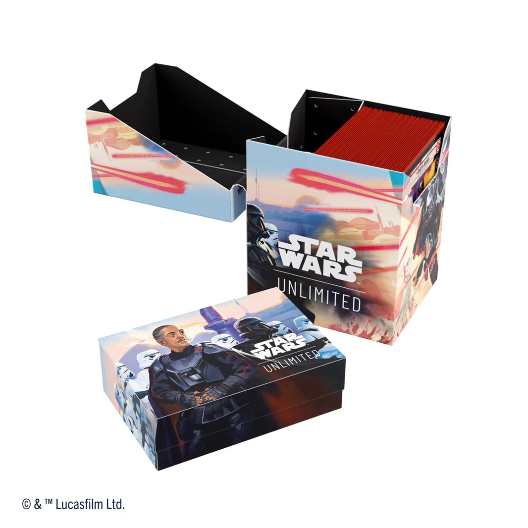 Gamegenic Deck Box featuring Star Wars Unlimited design with Mandalorian and Moff Gideon, ideal for card storage.