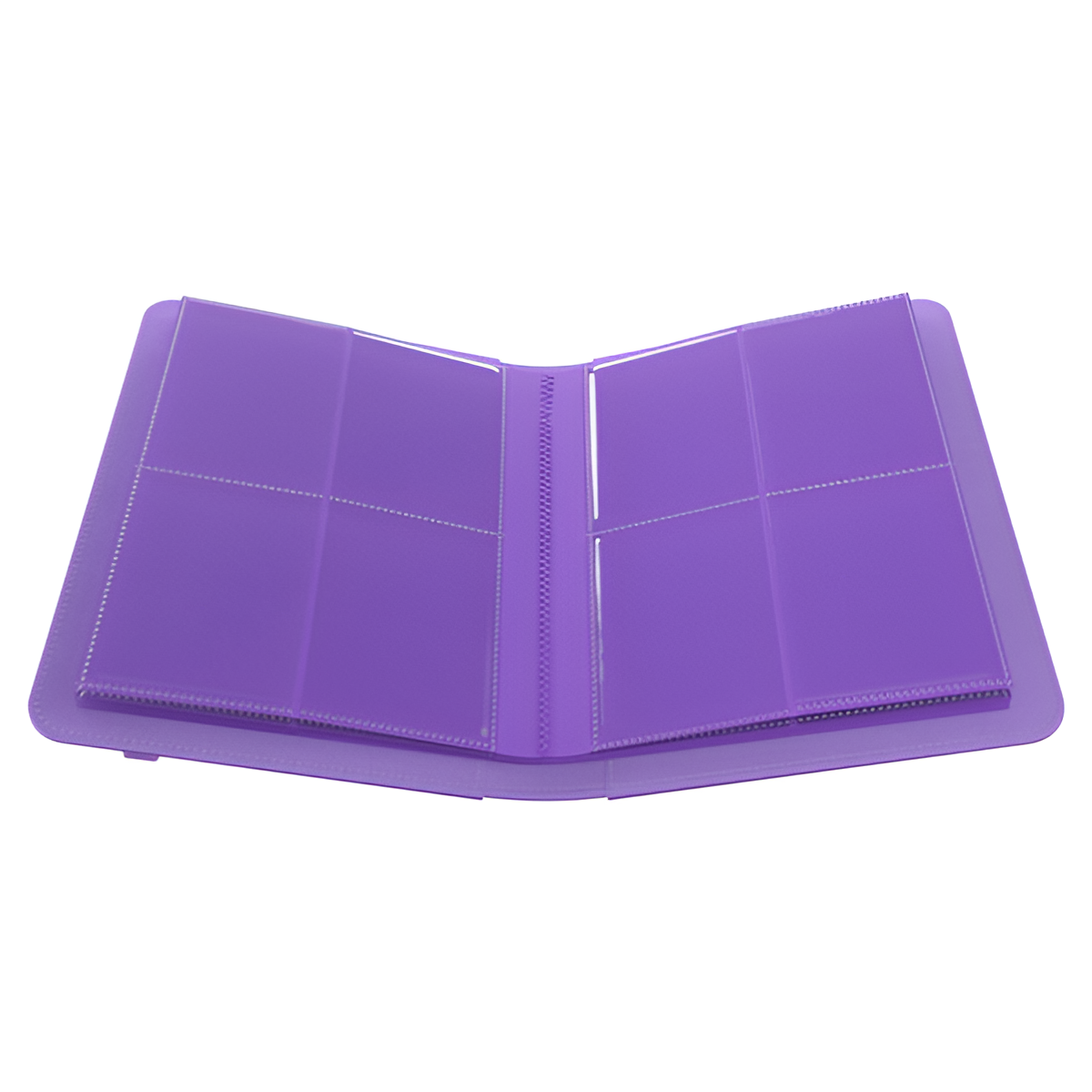 Purple Gamegenic 4-Pocket Prime Album open, showcasing four pockets on each side for card storage and protection.