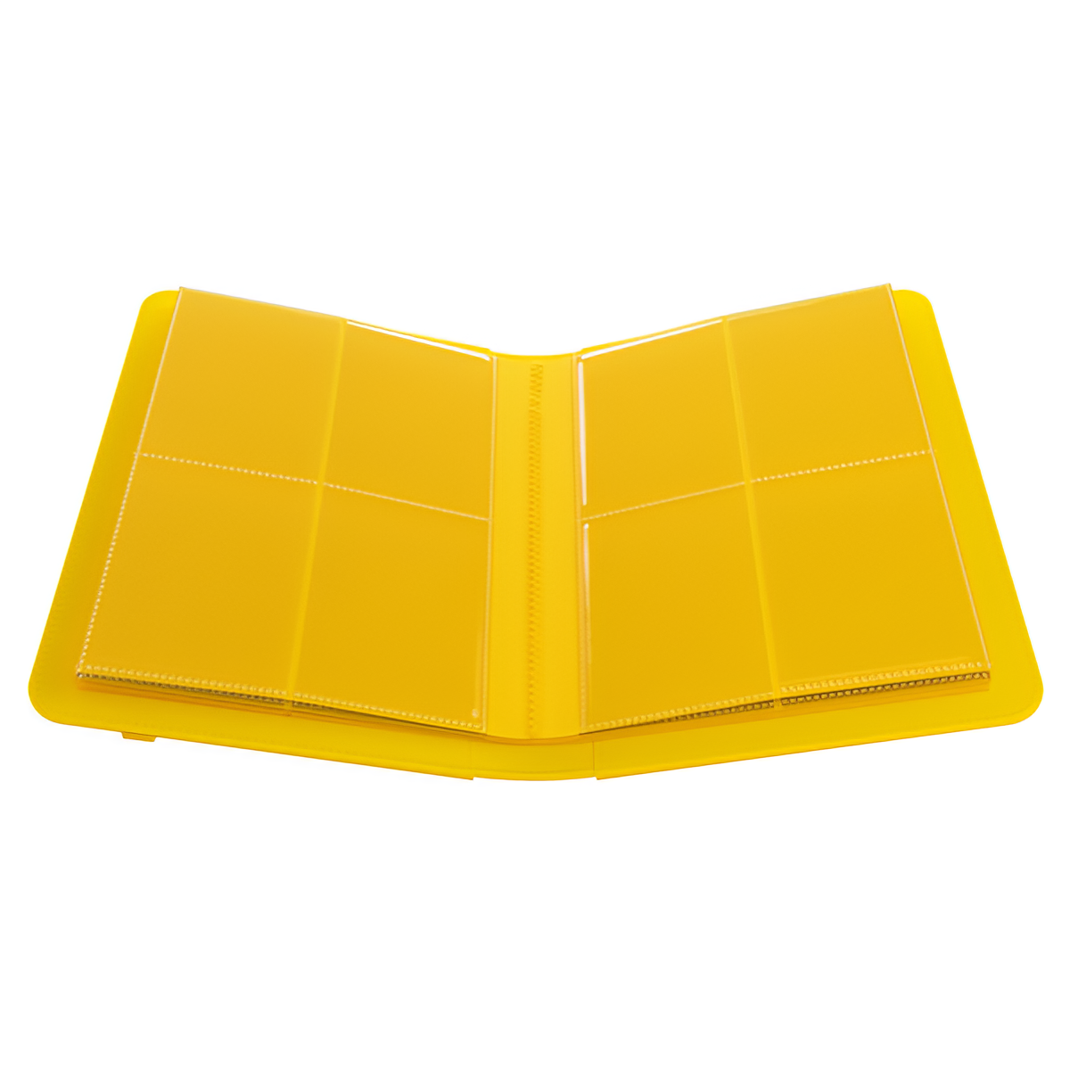 Yellow Gamegenic 4-Pocket Prime Album binder open, featuring four clear pockets for card storage and protection.