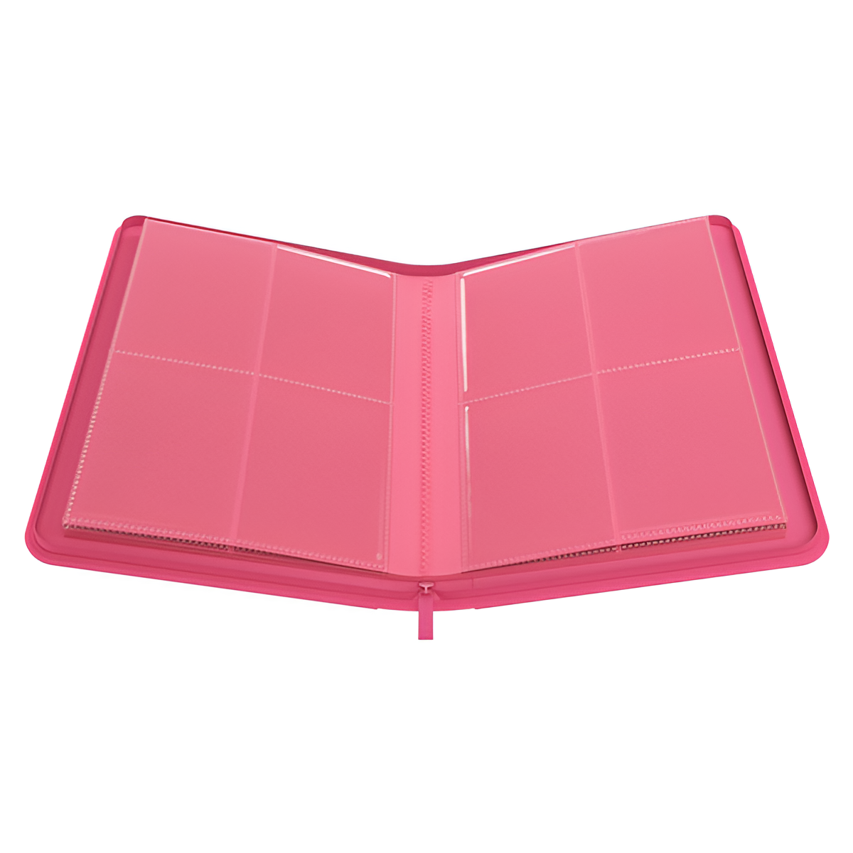 Pink Gamegenic binder featuring a zip-up design with four pocket pages for card storage, ideal for collectors.