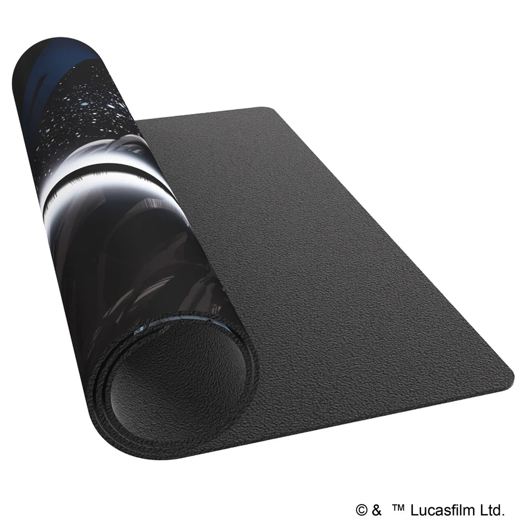Gamegenic Playmat featuring Star Wars Unlimited design with Mandalorian theme, showcasing a sleek surface and textured backing.