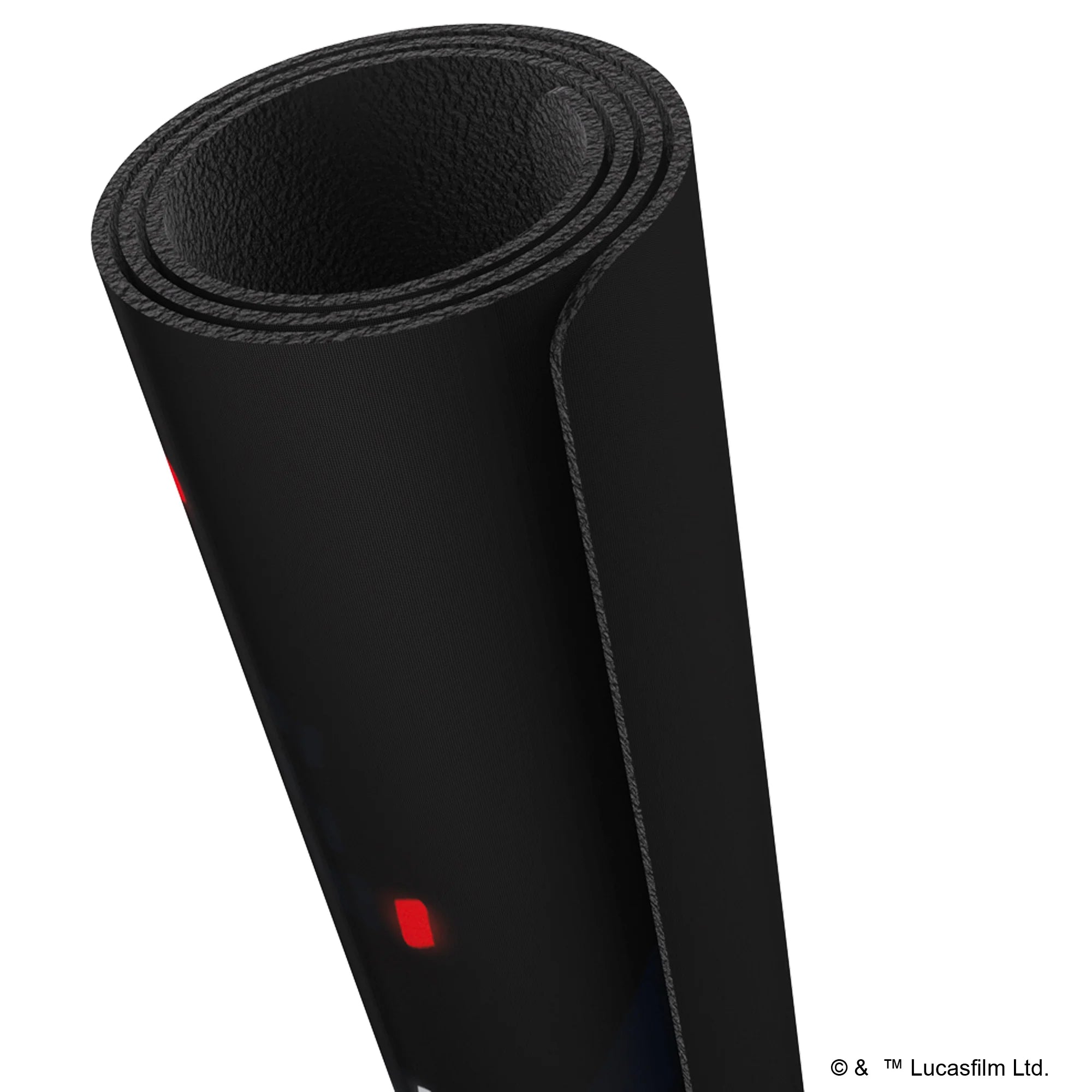 Black rolled-up Gamegenic playmat featuring Star Wars Unlimited design with Mandalorian elements. Ideal for gaming.