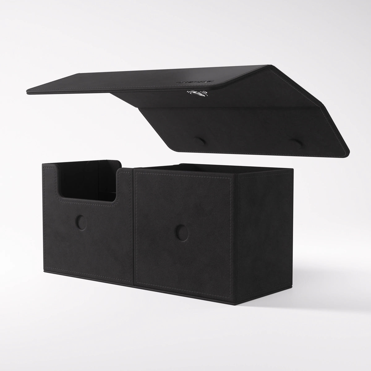 Black Gamegenic Deck Box: The Academic 133+ XL with an open lid, featuring two compartments for card storage.