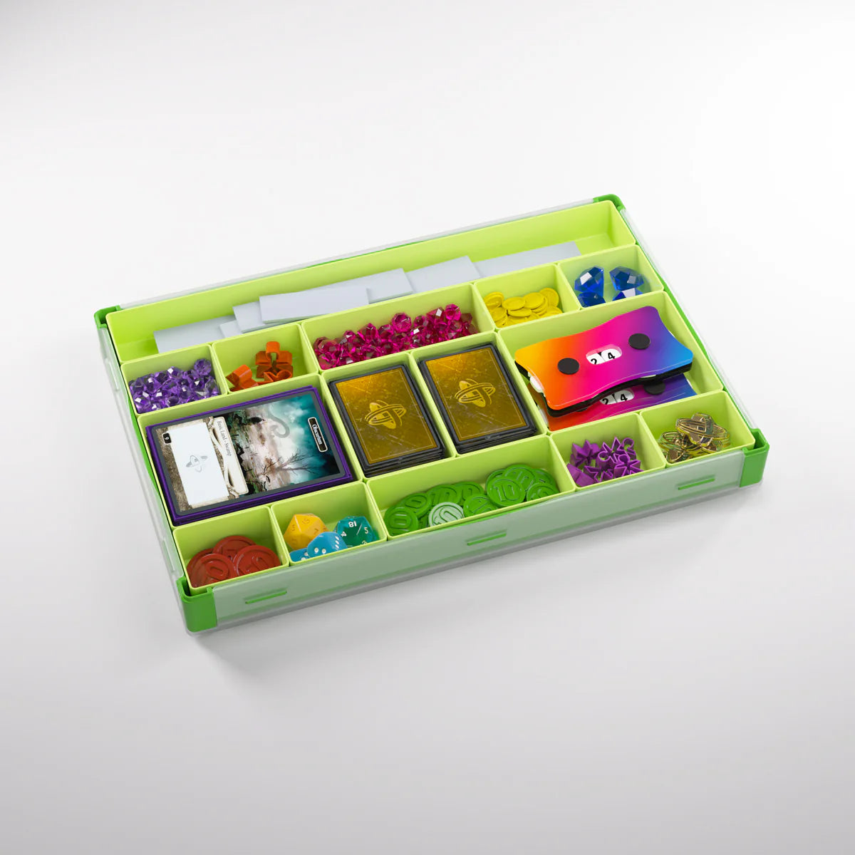 Gamegenic Token Silo XL Convertible in green and lime, featuring organized compartments for tokens, cards, and accessories.