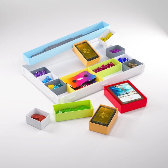 Gamegenic Token Silo XL Convertible in white and multicolor, featuring various compartments for tokens and cards.