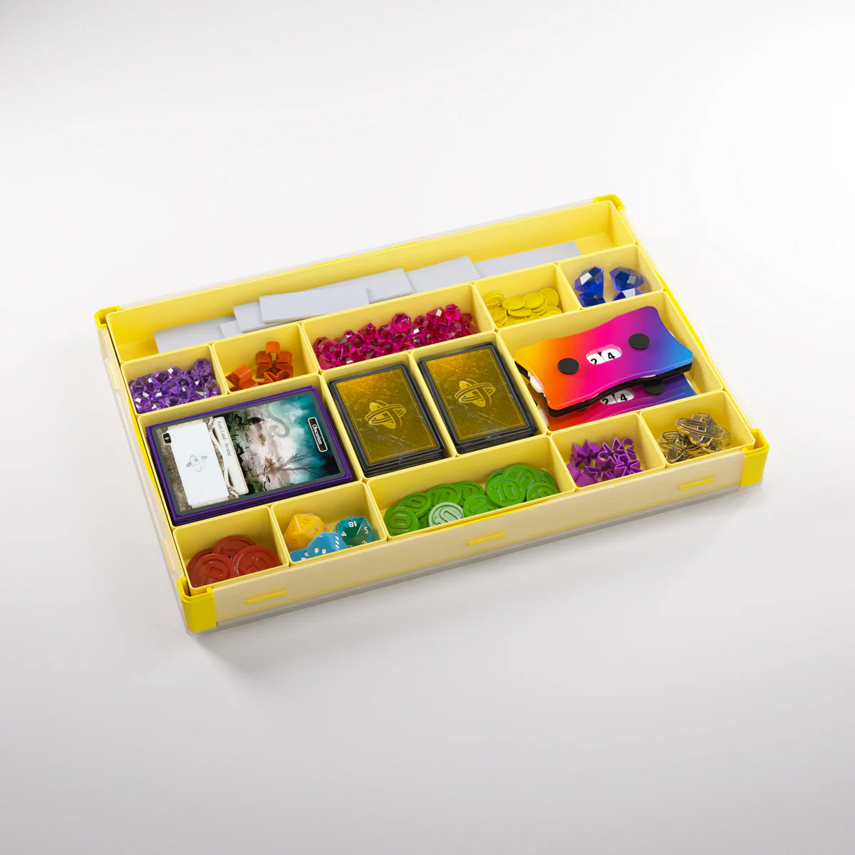 Gamegenic Token Silo XL Convertible in yellow, featuring multiple compartments for tokens, cards, and gaming accessories.