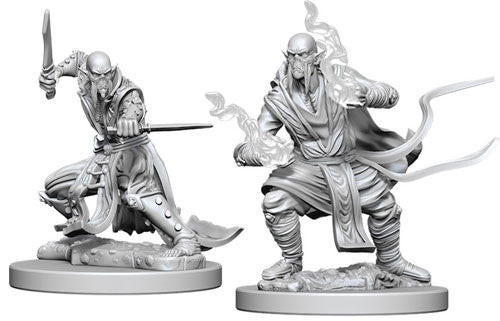 Unpainted Githzerai miniatures for Dungeons & Dragons, featuring two dynamic poses with weapons and flowing garments.