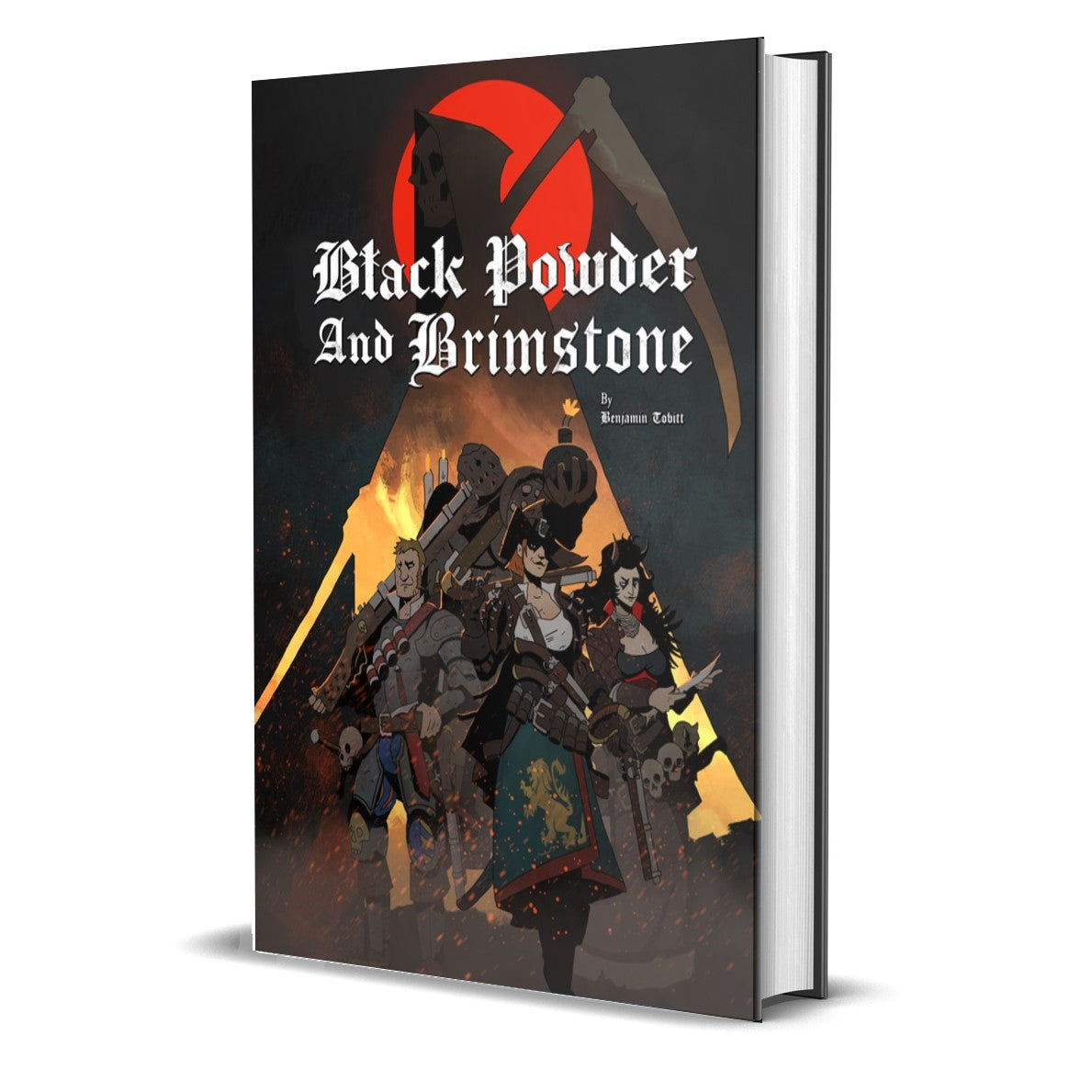 Cover of Black Powder and Brimstone RPG featuring a group of adventurers against a fiery backdrop.