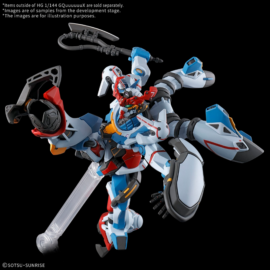 HG 1/144 MS Gundam GQuuuuuuX model kit showcasing dynamic pose with intricate details and accessories.