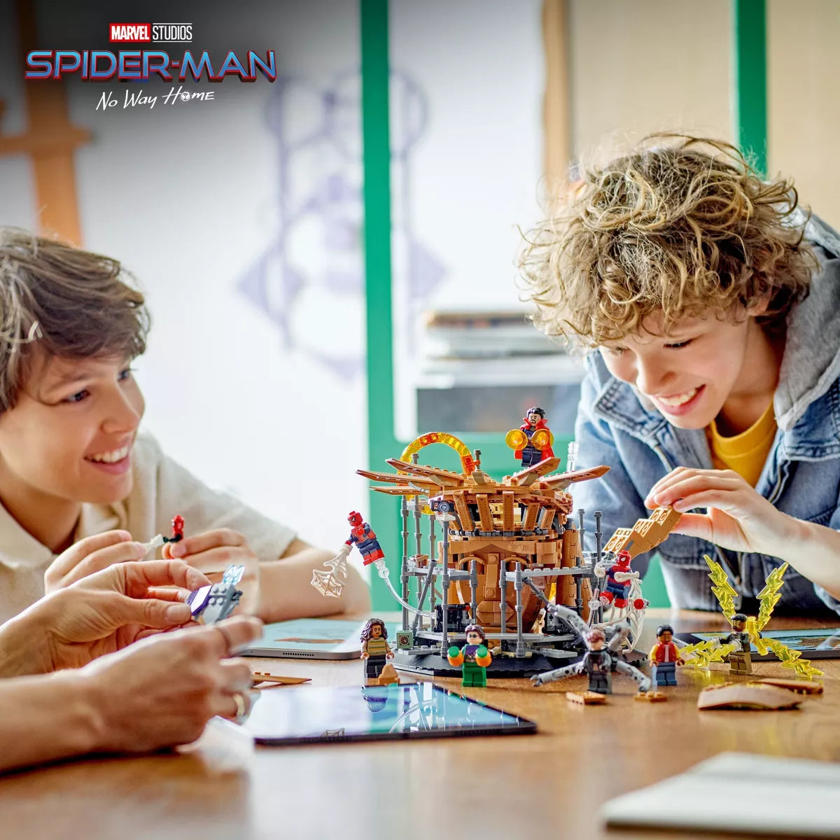 Children assembling the LEGO Marvel Spider-Man Final Battle set, featuring vibrant mini-figures and detailed scenery.
