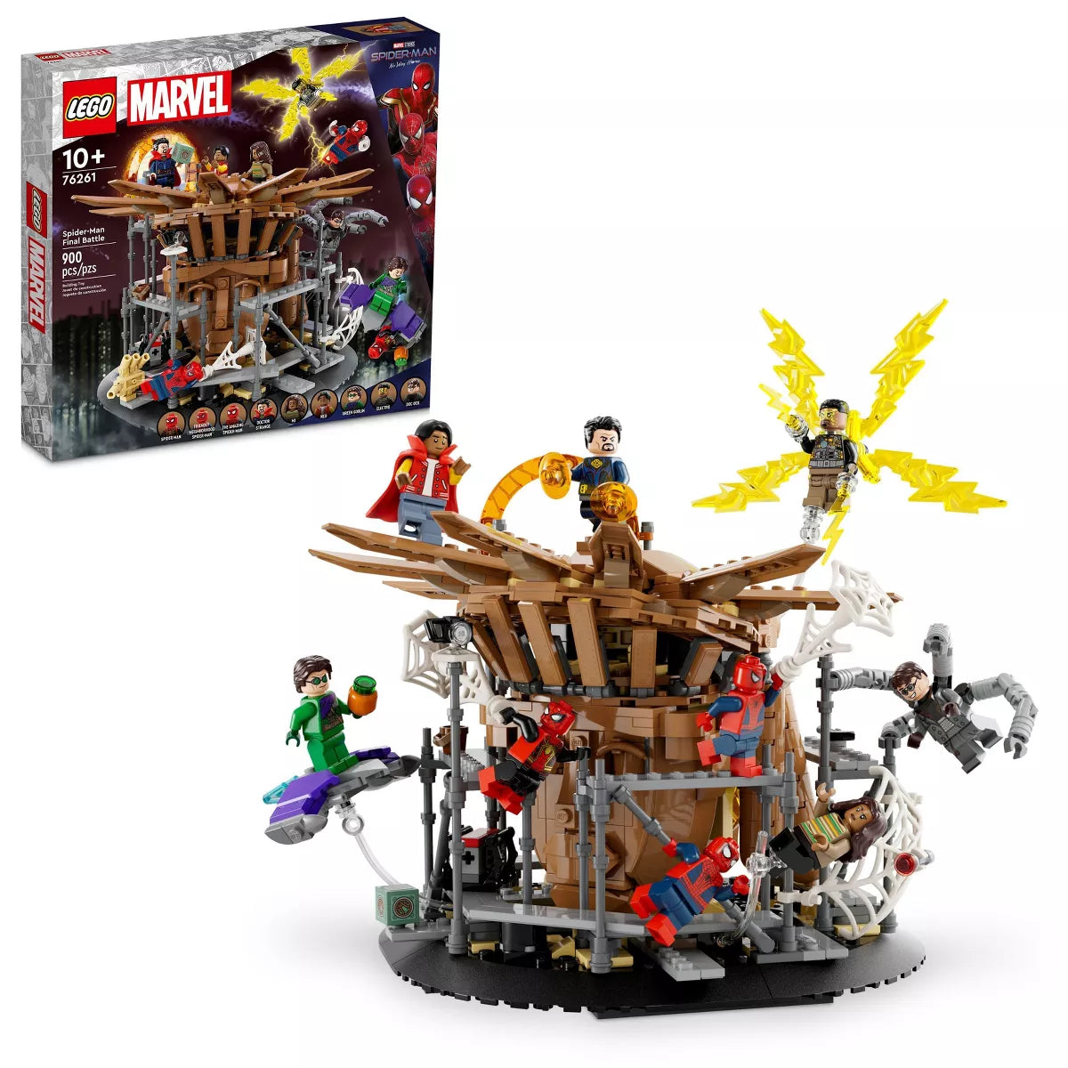 LEGO Marvel Spider-Man Final Battle set 76261 features Spider-Man and heroes in an action-packed scene with intricate details.