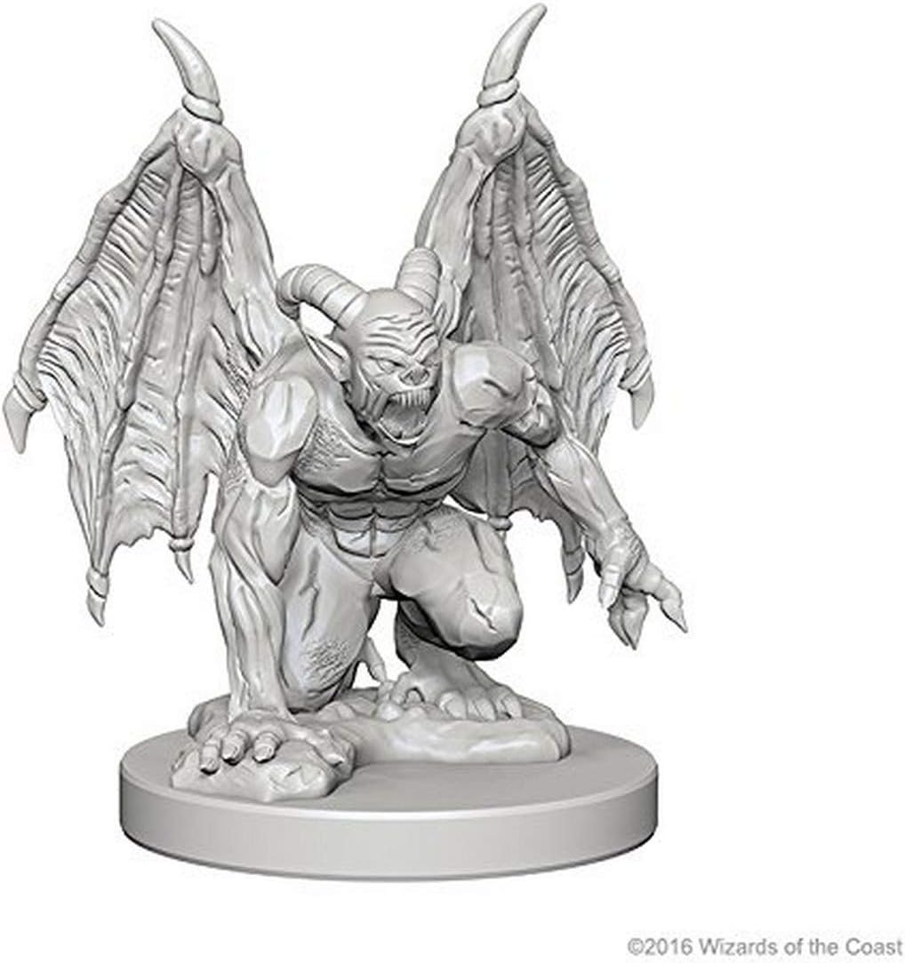 Unpainted miniature of a gargoyle from Dungeons & Dragons, featuring detailed wings and a menacing pose.