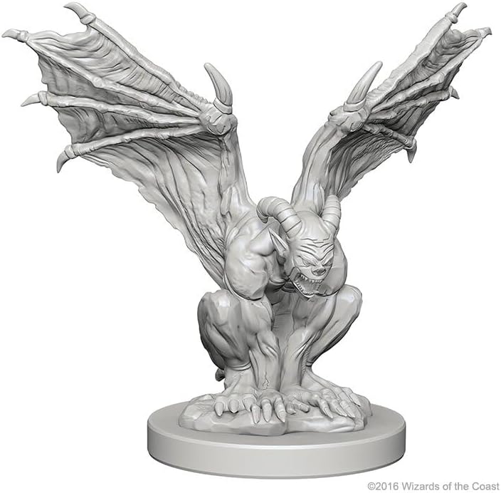 Unpainted miniature of a gargoyle with large wings, sharp claws, and a fierce expression, designed for Dungeons & Dragons gameplay.
