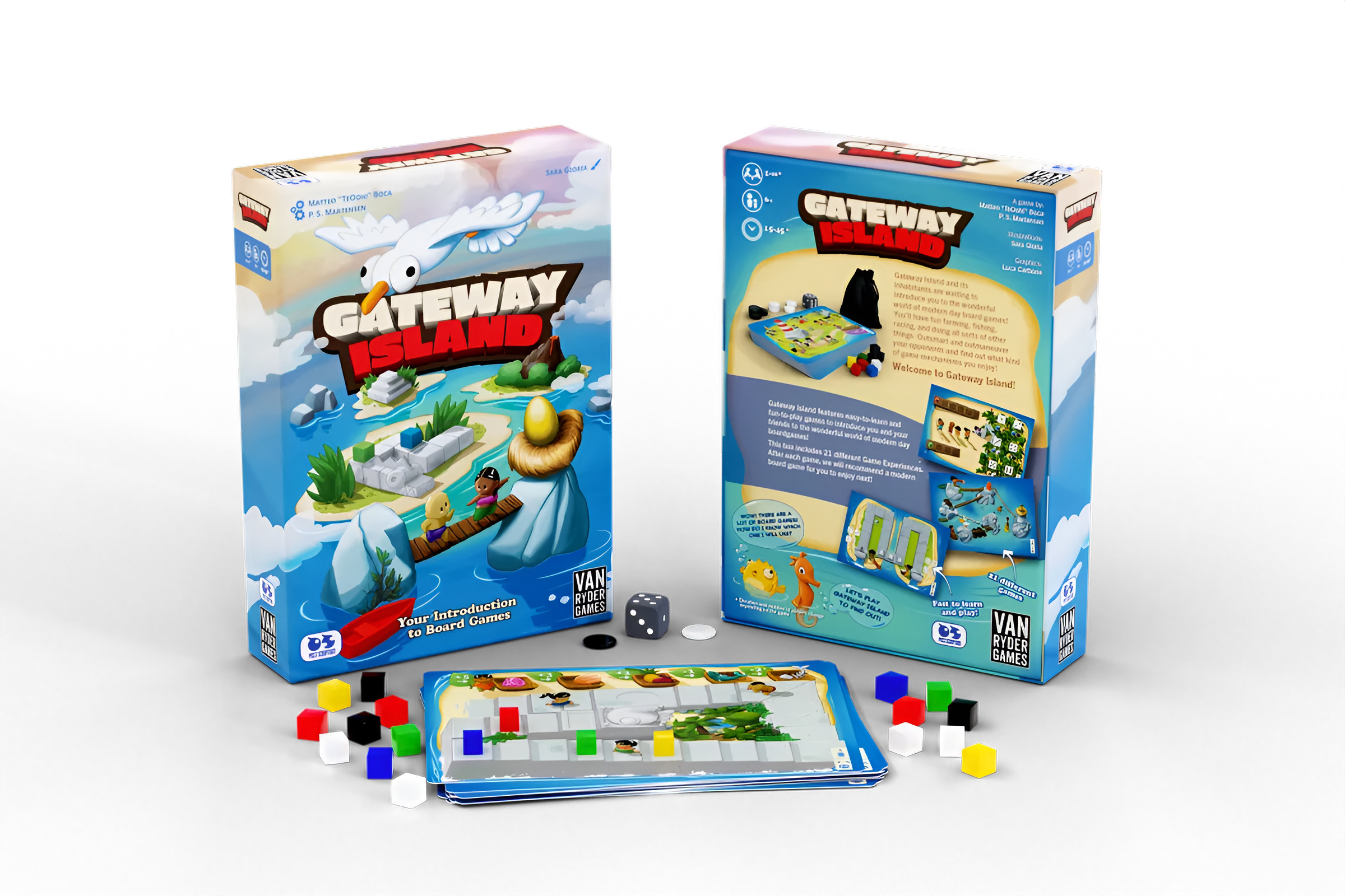 Gateway Island board game packaging featuring colorful illustrations, game pieces, and a game board layout.