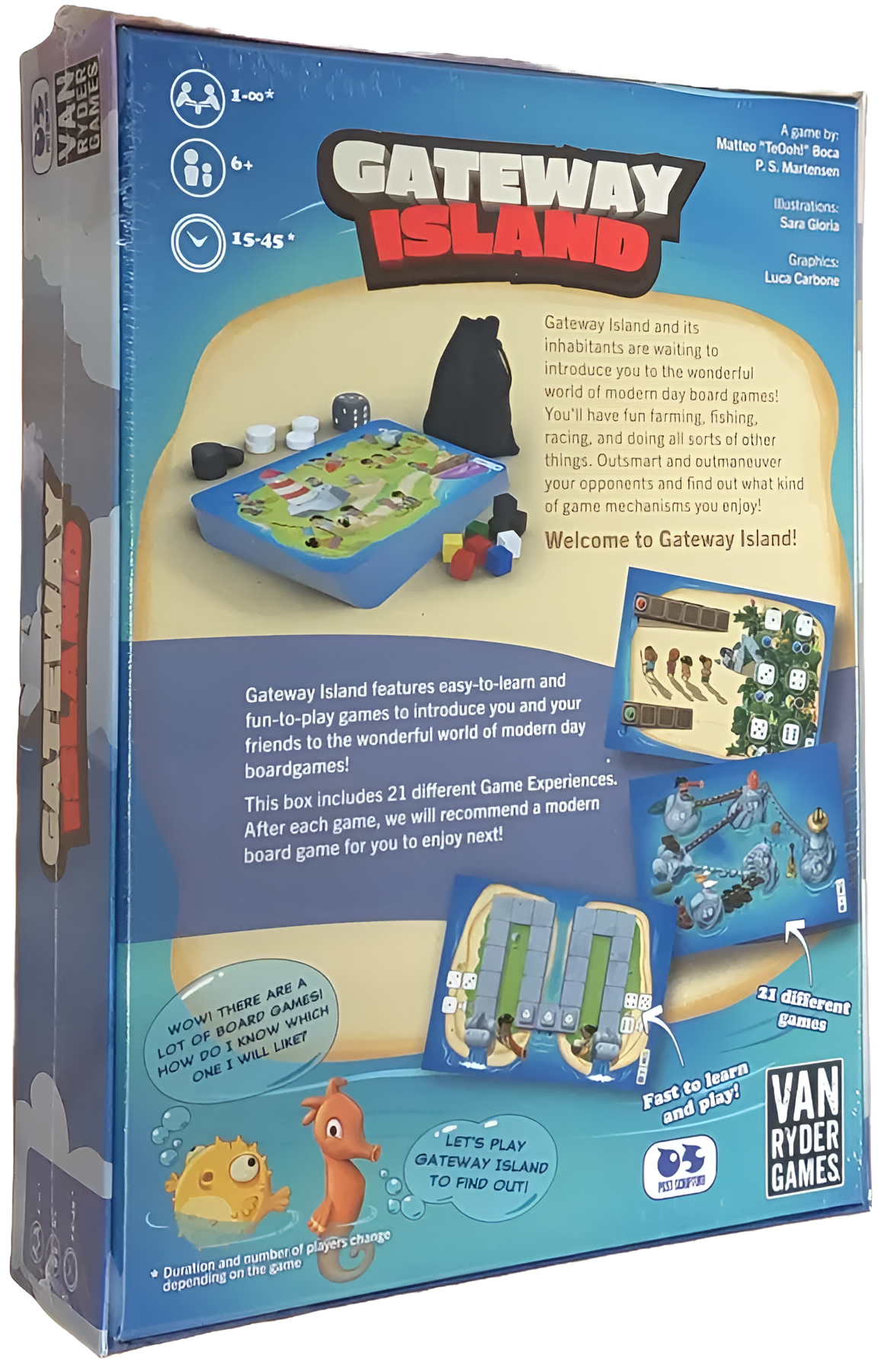 Gateway Island board game box featuring colorful illustrations, game components, and descriptions of gameplay experiences.