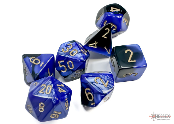 Chessex Gemini Black-Blue/Gold 7-die set featuring polyhedral dice with gold numbering on a blue and black swirl design.