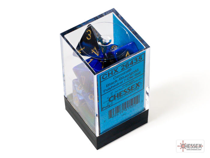 Chessex Gemini Black-Blue/Gold 7-die set displayed in a clear box, featuring vibrant blue and gold dice.