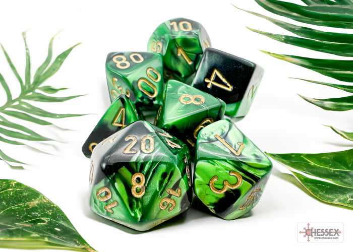 Chessex Gemini Black-Green/Gold 7-die set featuring vibrant green and black marbling with gold numbers.