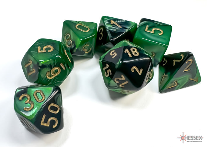 Chessex Gemini Black-Green/Gold 7-die set featuring swirling green and black dice with gold numbers.