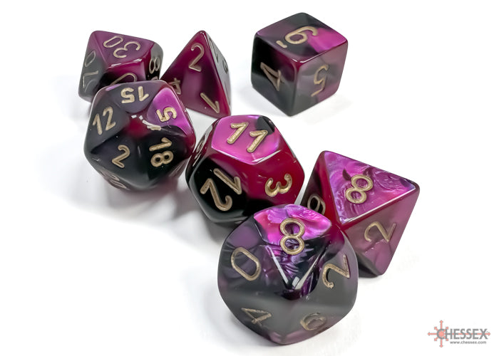 Chessex Gemini Black-Purple/Gold 7-die set featuring vibrant black and purple colors with gold numbering.