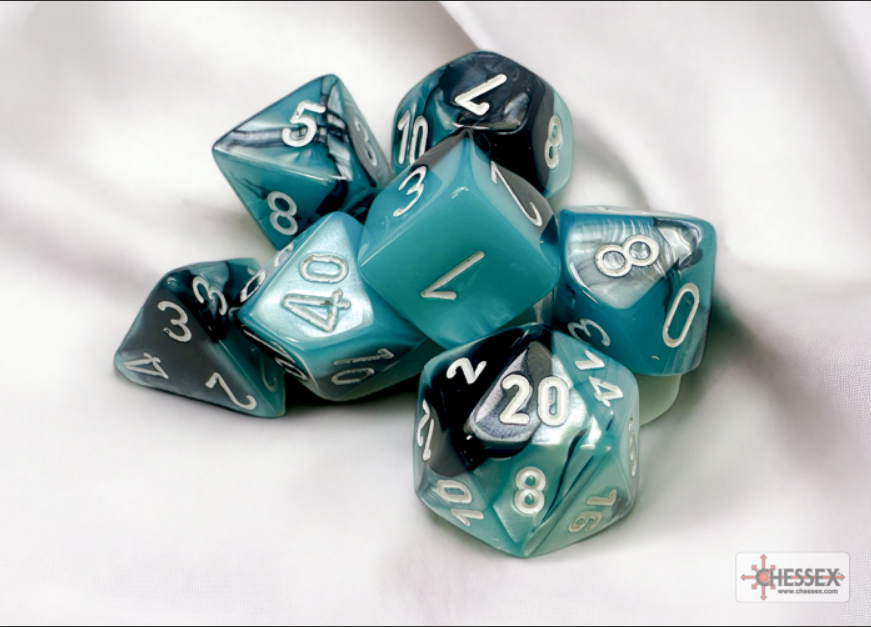 Chessex Gemini Black-Shell/White 7-die set featuring a mix of black and teal dice with white numbering.