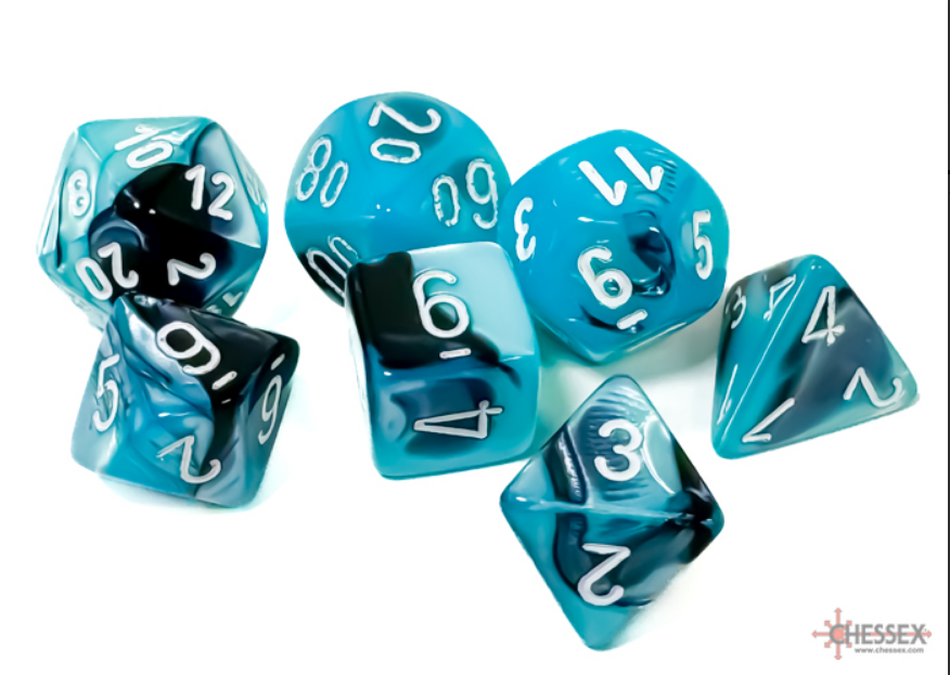 Chessex Gemini Black-Shell/White 7-die set featuring translucent teal dice with black swirls and white numbers.