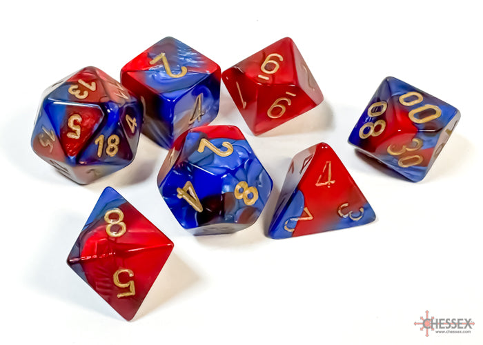Chessex Gemini Blue-Red/Gold 7-Die Set featuring vibrant blue and red swirls with gold numbering for tabletop gaming.