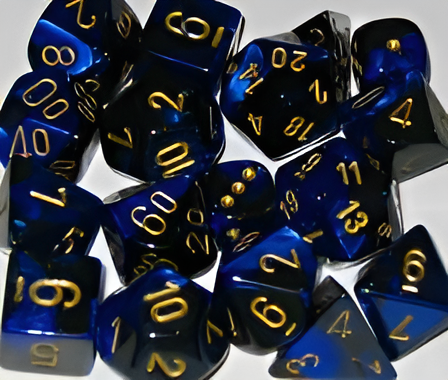 Chessex Gemini Blue/Gold 7-die set featuring translucent blue dice with gold numbering, ideal for tabletop gaming.