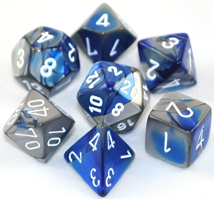Chessex Gemini Blue/Steel 7-die set featuring multi-colored dice with white numbers for tabletop gaming.