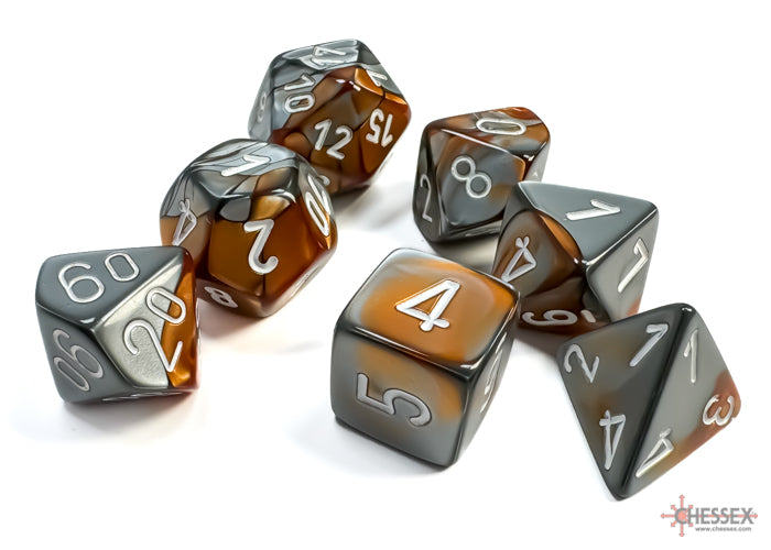 Chessex Gemini Copper/Steel 7-die set featuring polyhedral dice in copper and gray with silver numbering.