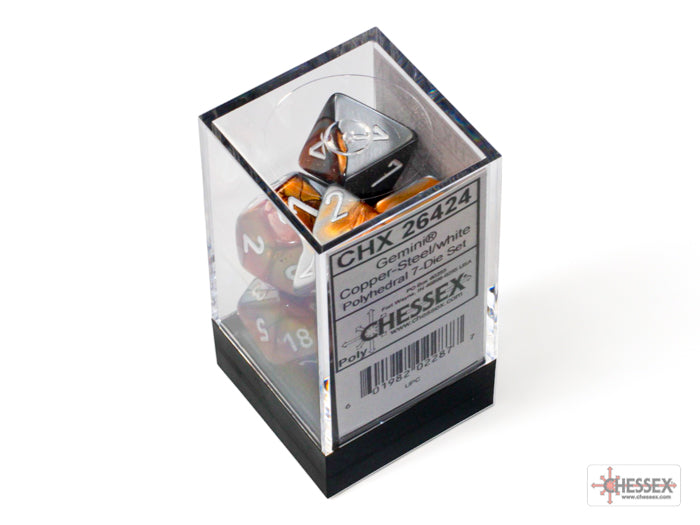 Chessex Gemini Copper/Steel 7-die set displayed in a clear box, featuring metallic copper and silver colors.