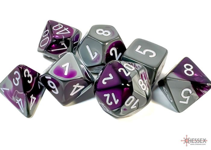 Chessex Gemini Purple-Steel/White 7-die set featuring a mix of purple and gray dice with white numbers.