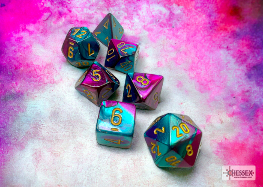 Chessex Gemini Purple-Teal/Gold 7-die set featuring vibrant colors and gold numbering on each die.