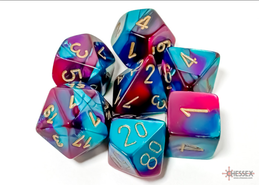 Chessex Gemini Purple-Teal/Gold 7-die set featuring vibrant purple and teal colors with gold numbering.