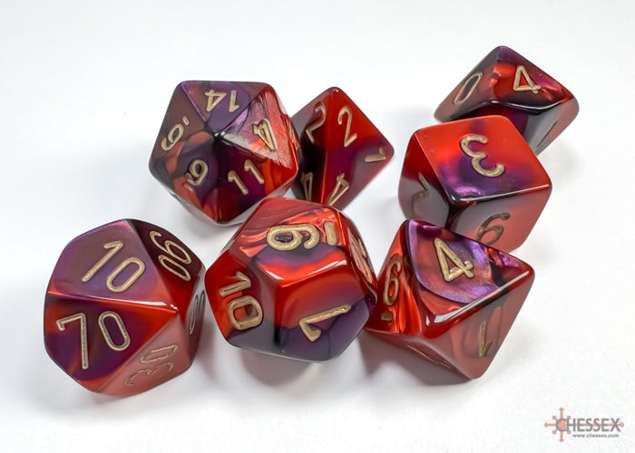 Chessex Gemini Purple/Red 7-die set featuring vibrant purple and red colors with gold numbering for tabletop gaming.