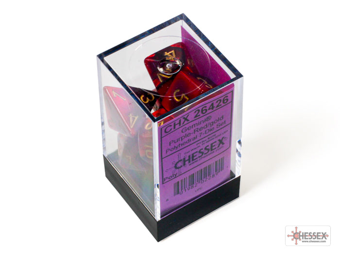 Chessex Gemini Purple/Red 7-die set displayed in a clear box, featuring vibrant purple and red colors with gold numbering.
