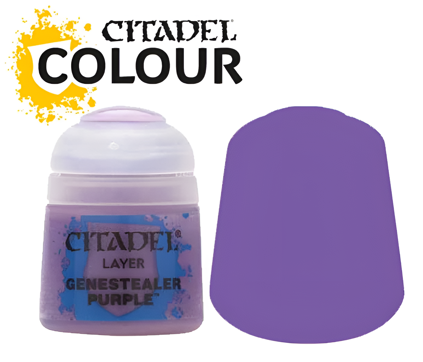 Citadel Layer Genestealer Purple paint (12ml) in a round container with a purple swatch beside it, ideal for miniatures.