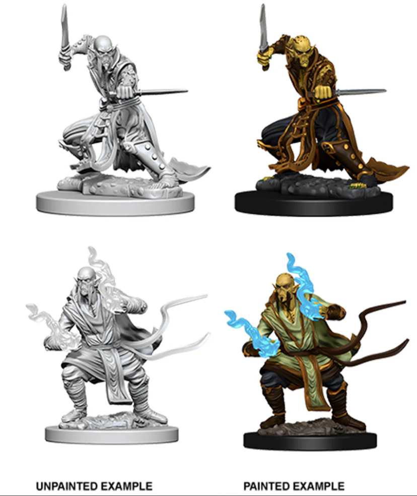 Unpainted and painted examples of Nolzur's Marvelous Miniatures Githzerai for Dungeons & Dragons, showcasing detailed designs.