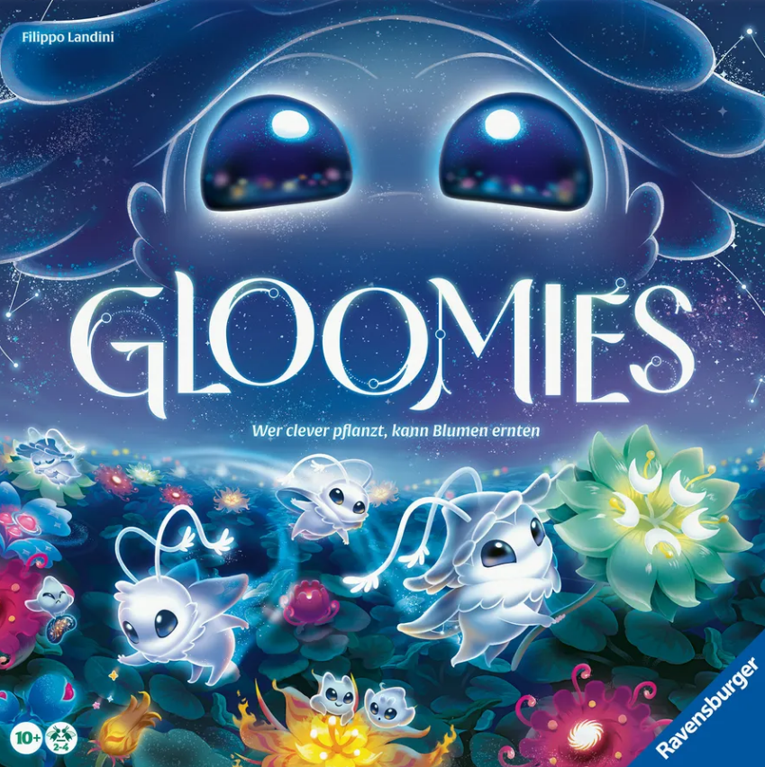 Colorful board game box for Gloomies featuring whimsical creatures and vibrant flora under a starry night sky.