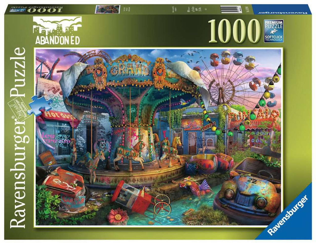 1000-piece puzzle featuring a deserted carnival scene with a colorful carousel, rusted cars, and a Ferris wheel.