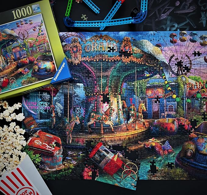 1000-piece puzzle featuring a gloomy carnival scene with a carousel, abandoned rides, and vibrant colors.