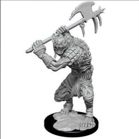 Unpainted miniature of a gnoll wielding a large axe, ready for tabletop gaming in Dungeons & Dragons.