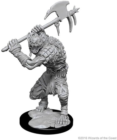 Unpainted miniature of a Gnoll warrior wielding a large axe, showcasing detailed armor and a fierce pose.