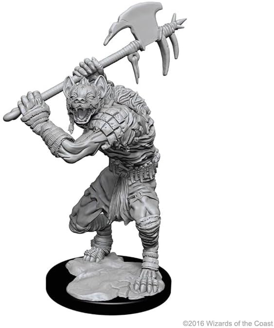 Unpainted miniature of a Gnoll warrior wielding a large axe, showcasing detailed armor and a fierce pose.