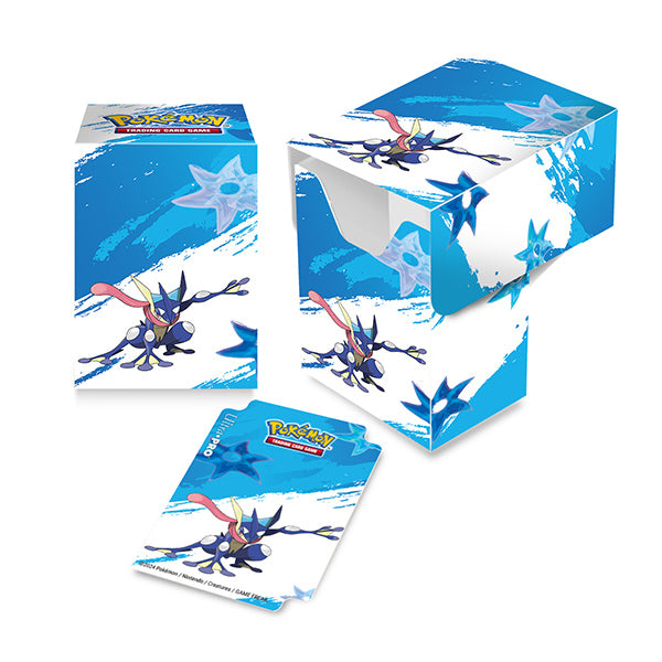 Blue Greninja-themed deck box for Pokémon cards, featuring dynamic artwork and a matching card design.