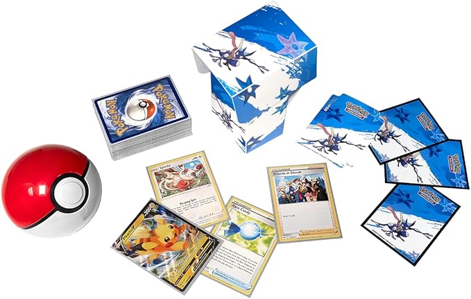 Pokemon Greninja deck box with cards, playmats, and a Pokeball, ideal for organizing trading card collections.
